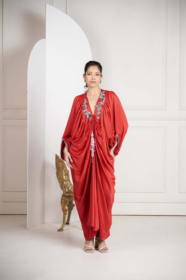 Red Crepe Satin V-Neck Kaftan with Embroidered Neckline — Sakshi G Chawla