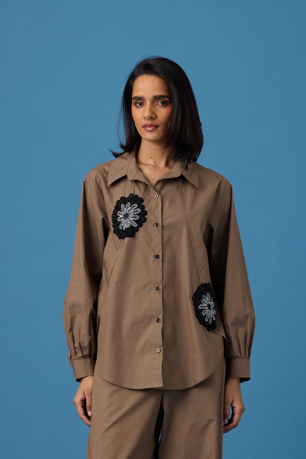 Teal Cotton Poplin Appliqué Shirt — 63East