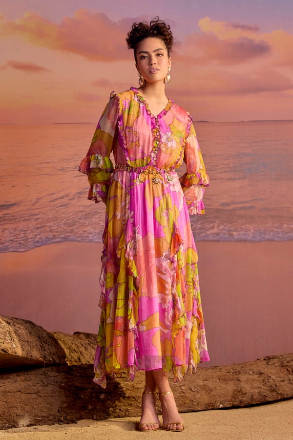 Yellow/Pink Printed Chiffon Tiered Midi Dress — BOHO-CHIC