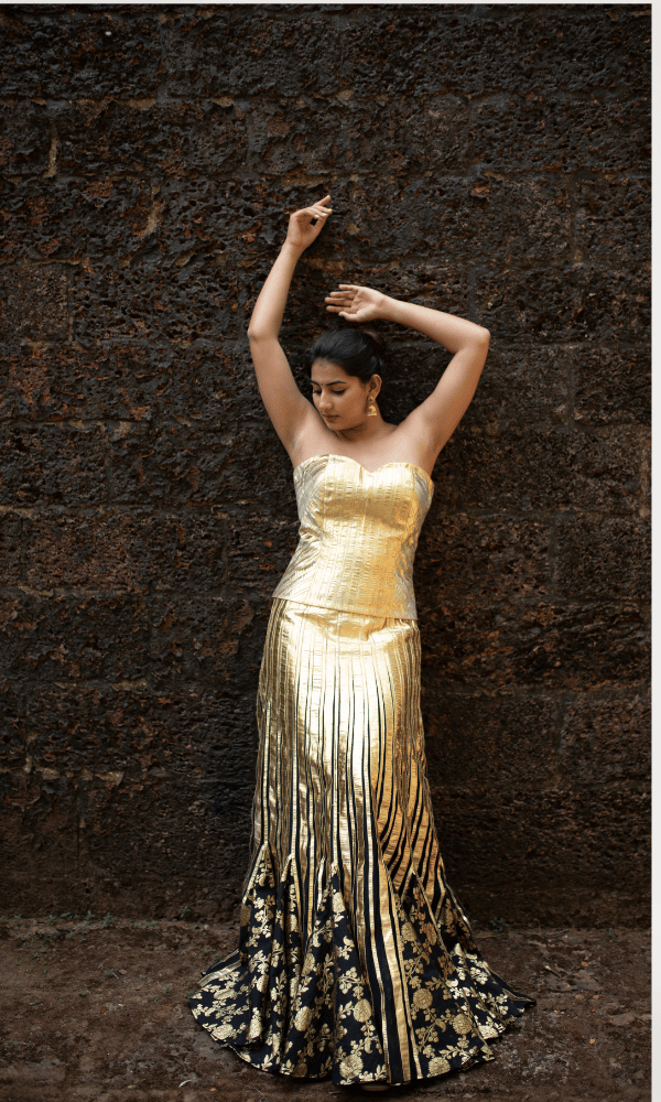 Gold Corset and Black Mermaid Maxi Skirt Co-ord Set — Gotta Kinari