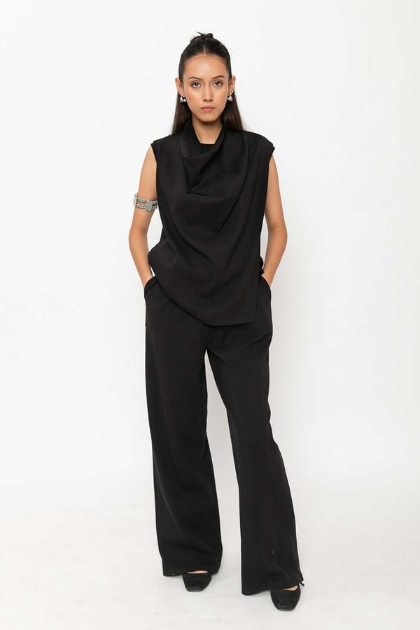 Black Sleeveless High Cowl Neck Drape Top — Contemponari