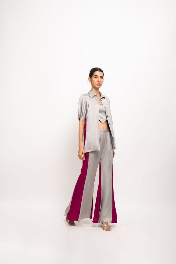 Grey/Wine Colorblocked 3-Piece Co-ord Set — Neora
