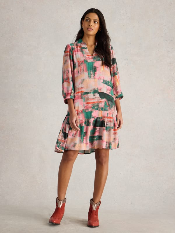 Pink Multi Abstract Print Tiered Knee-Length Dress — White Stuff