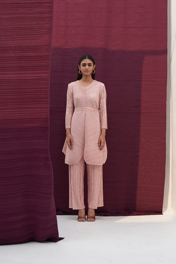 Pink Pleated Tunic and Wide-Leg Pants Co-ord Set — Pleats by Aruni