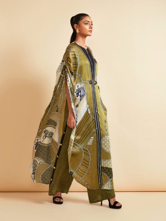 Olive Green Printed Cape Top and Pants Co-ord Set — Kamaali Pret