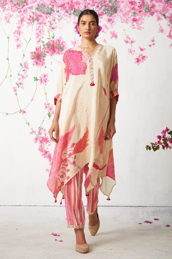 Beige Floral Printed Crepe Kurta Set with Pants — Basil Leaf