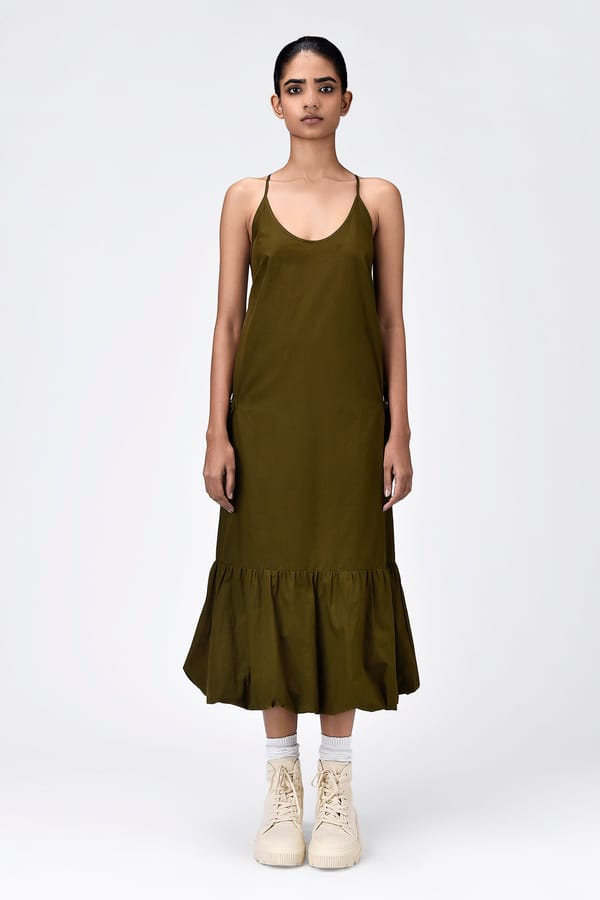 Khaki Cotton Poplin Strappy Midi Dress with Open Back — Genes Lecoanet Hemant