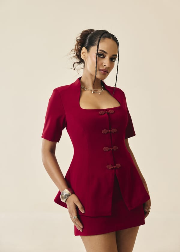 Adalyn Red Frog-Button Structured Blazer Top — Lea Clothing