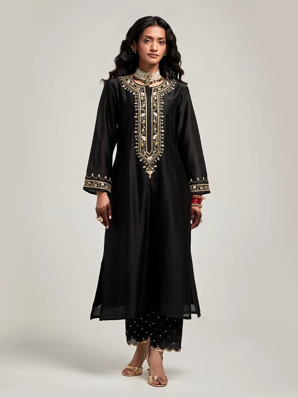 Black Silk Chanderi Embroidered Kurta Set with Pants — Anantaa