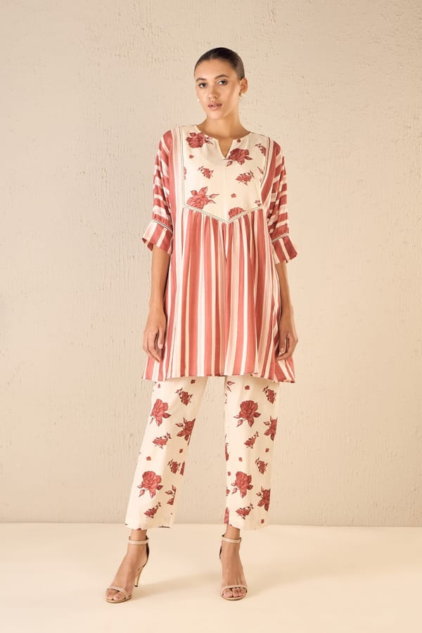 Vintage Rose: Red Stripe Cape Set — SHIVANI BHARGAVA