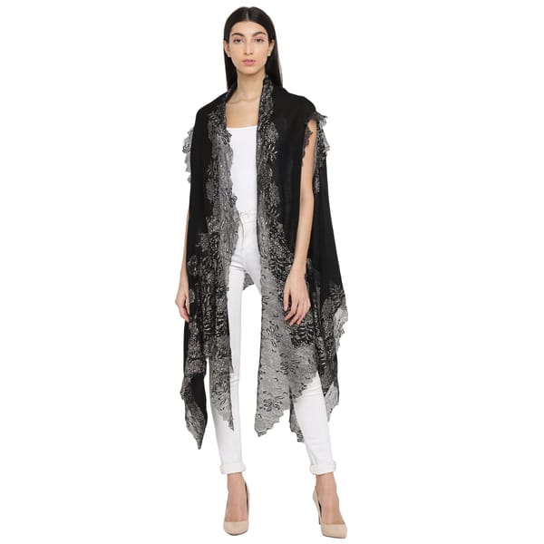 Black/Pewter Wool Herringbone Lace-Trim Cape — Rhe-Ana