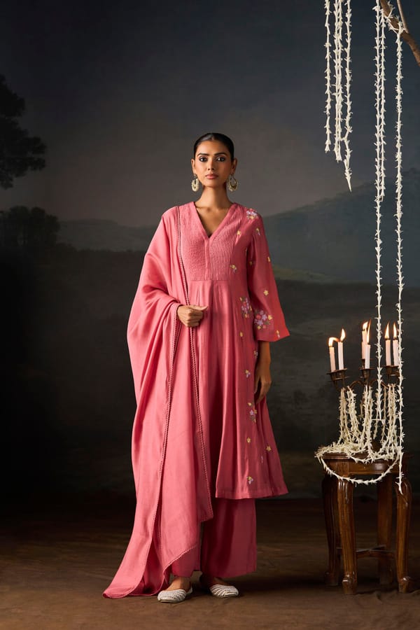 Rose Pink Floral Embroidered Anarkali Set — Truly SMA