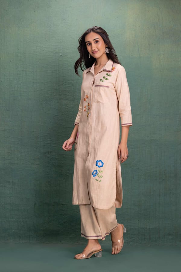 Beige Machine Embroidery Coord Set — Kahani Lush