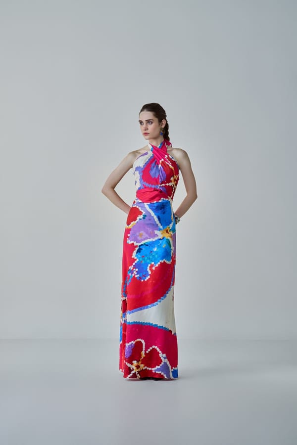 Pink/Red Satin Halter Neck Printed Maxi Column Dress — Saaksha and Kinni
