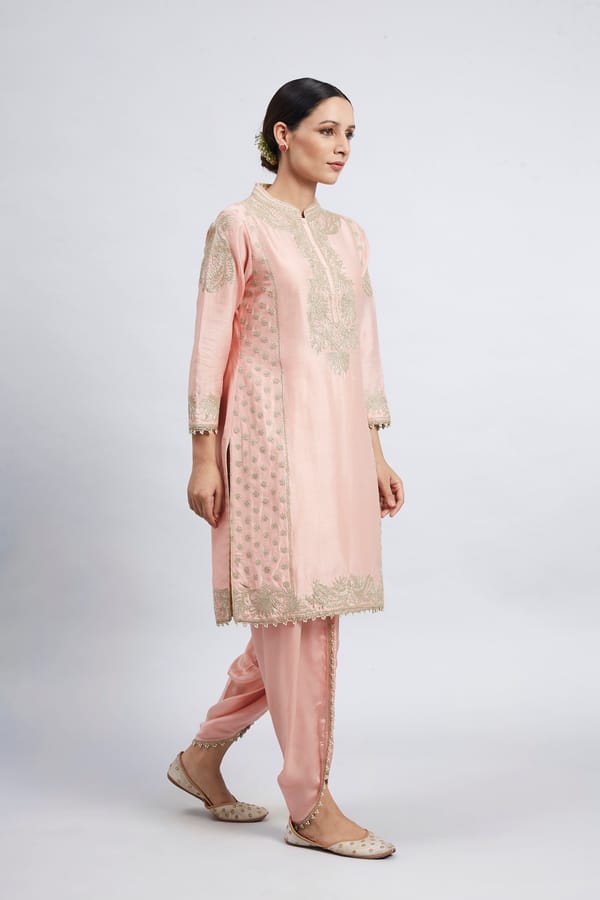 Carnation Pink Embroidered Straight Kurta Set with Dhoti — Sheetal Batra