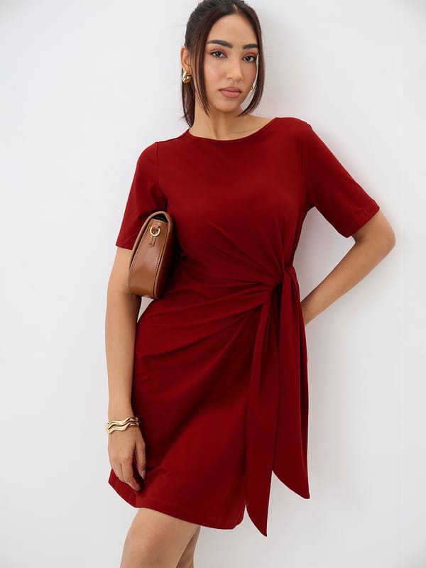 Red Side Tie-Up Detail Mini Dress — Femmella