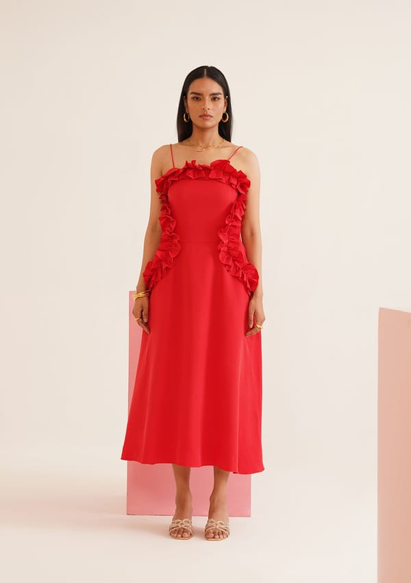 Red Fit and Flare Ruffle Trim Midi Dress — AMOSHI