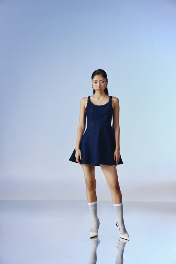 Deep Indigo Denim Fit and Flare Mini Dress with Buckle Straps — quietBOLD