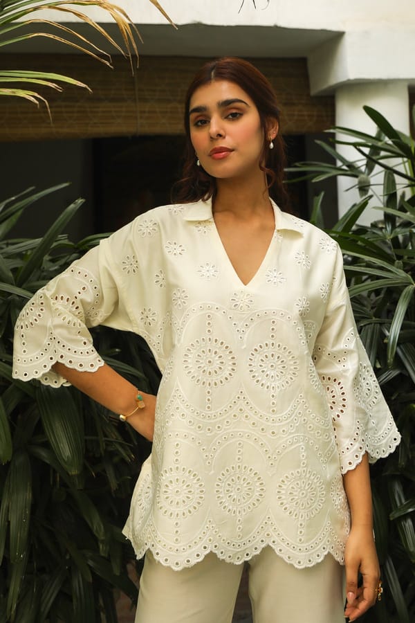 Cream Cutwork Embroidered Co-ord Set with Straight Pants — INCHING INDIA