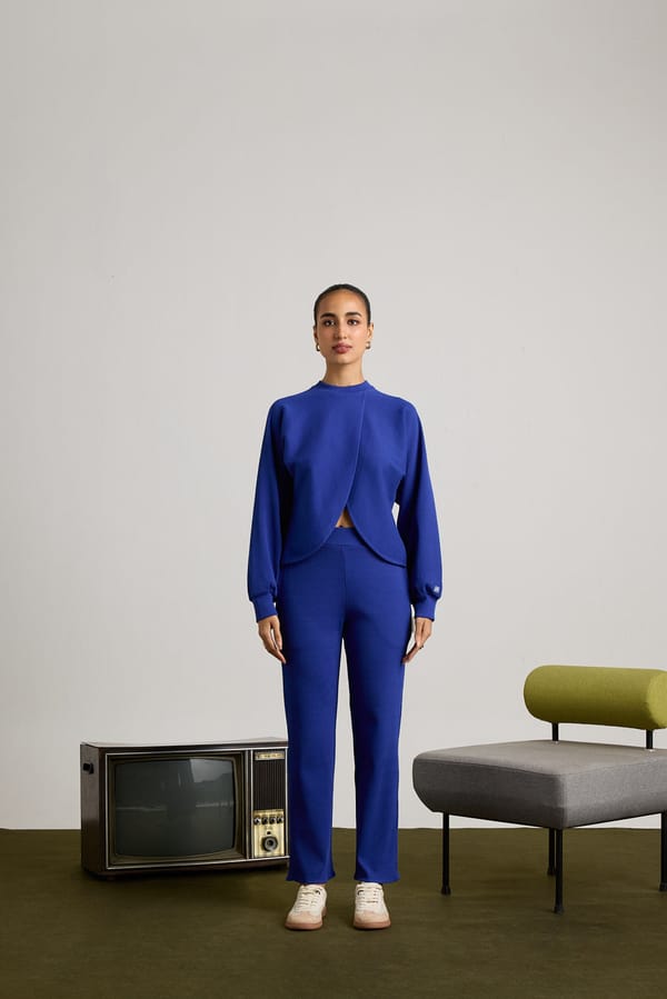 Blue Ribbed Wrap-Front High Neck Top — Muvazo