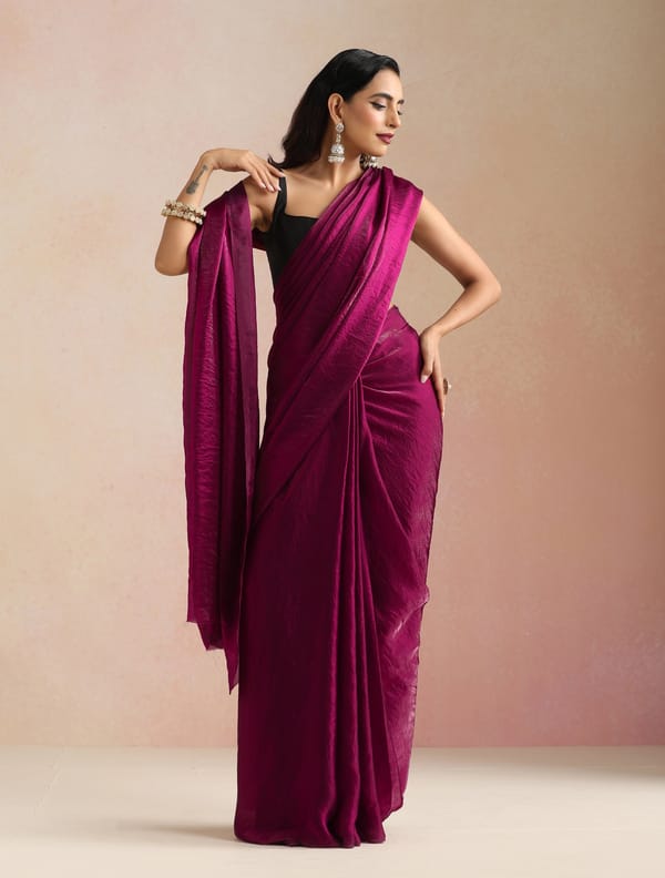 Wine Tissue Saree With Unstitched Blouse — Truebrowns