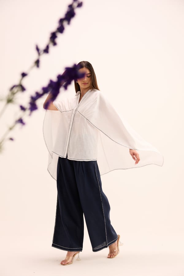 White and Navy Linen Cape-Back Co-ord Set — Prink Tonic