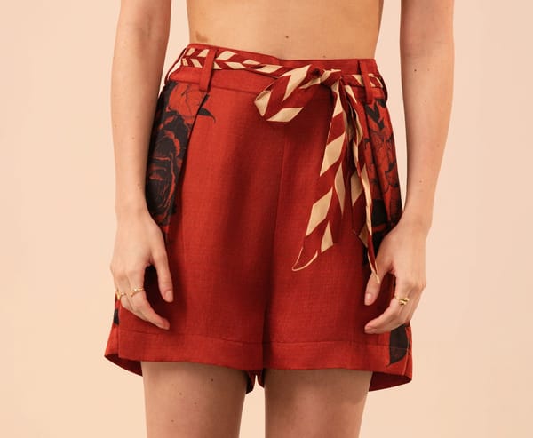 Red and Black Floral Printed Satin Linen Shorts with Tie — ISHA GUPTA TAYAL
