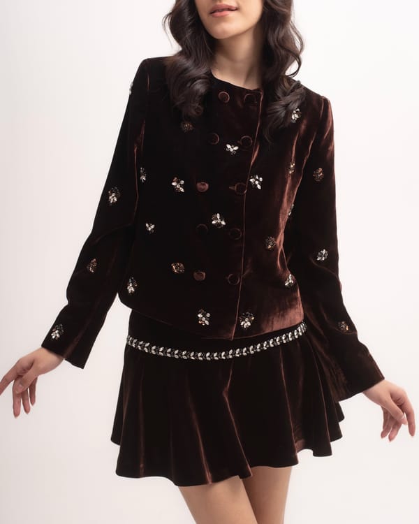 Dark Brown Silk Velvet Embellished Double-Breasted Jacket — MAGIA