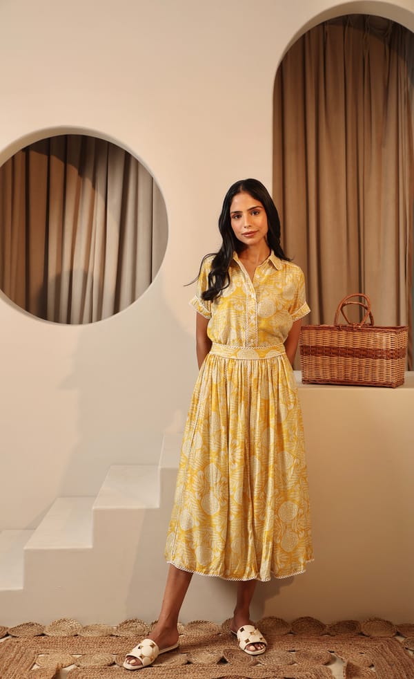 Yellow and Ivory Floral Shirt and Midi Skirt Co-ord Set — MANVI DAGA STUDIO