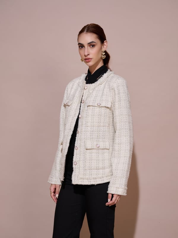 White Tweed Tailored Jacket with Statement Buttons — Style Island