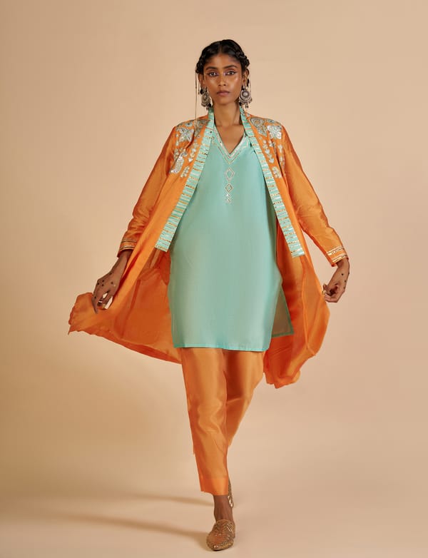 Orange Chanderi Front-Open Longline Embroidered Coat — Gulabo by Abu Sandeep