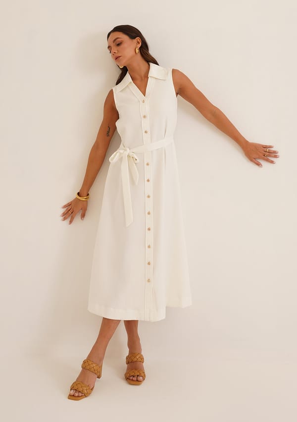 White Button-Down Shirt Midi Dress with Tie Belt — AMOSHI