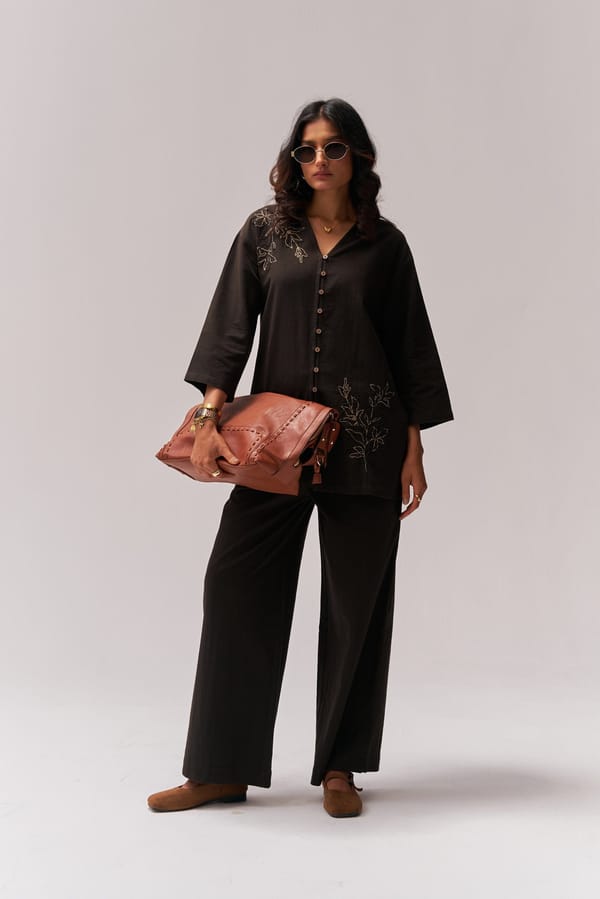 Dark Brown Kala Cotton Embroidered Co-ord Set — Spacelines