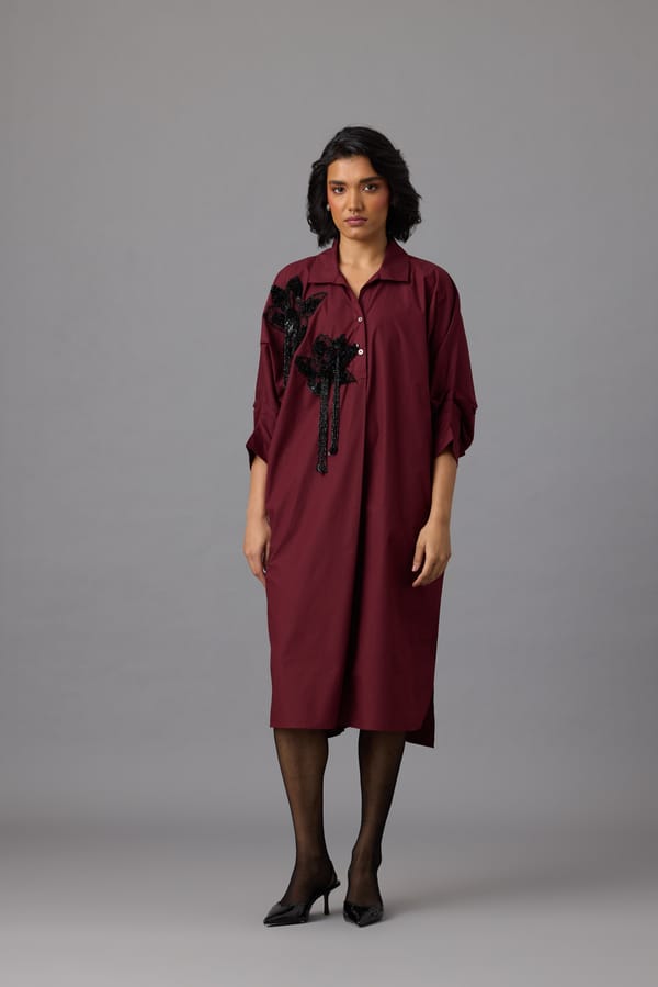 Burgundy Cotton Poplin Lotus Appliqué Shift Midi Dress — 63East