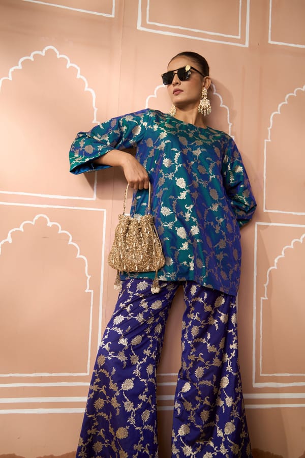 Blue and Purple Brocade Silk Tunic and Wide-Leg Pants Set — TASUVURE