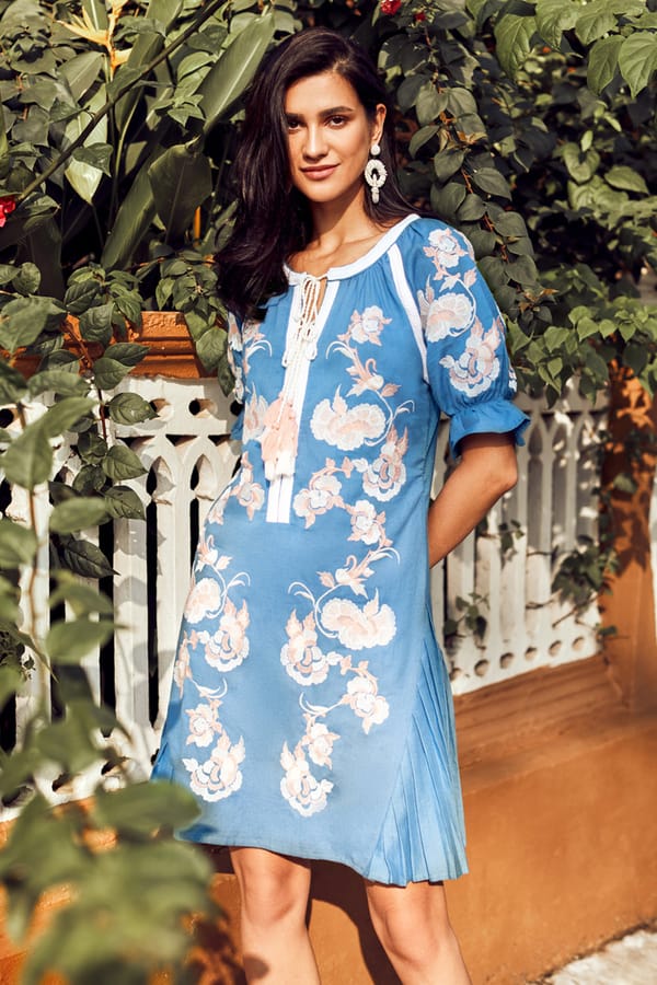 Blue Floral Linen A-Line Knee-Length Dress with Tie-Up Neck — BOHO-CHIC