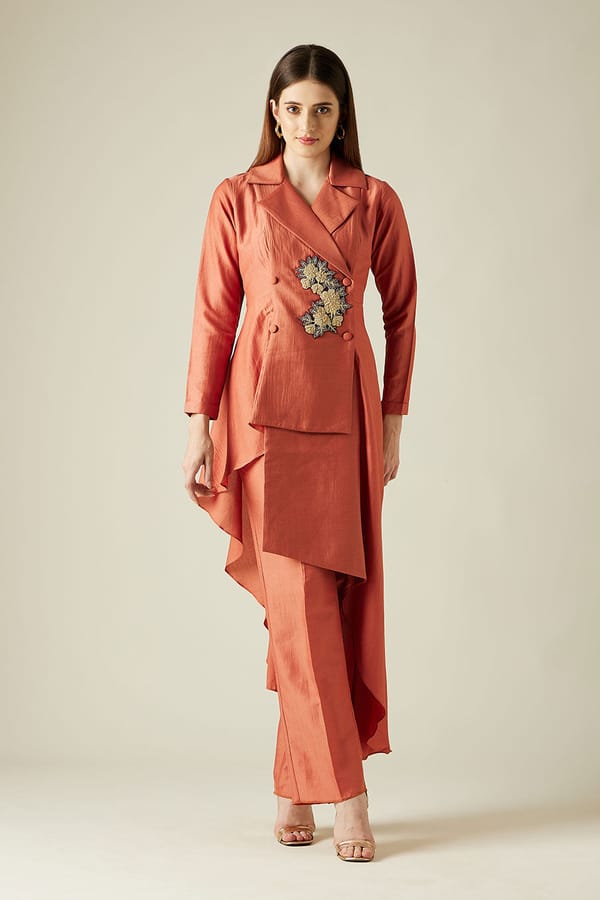 Orange Asymmetric Blazer Tunic and Pant Co-ord Set — Aakaar