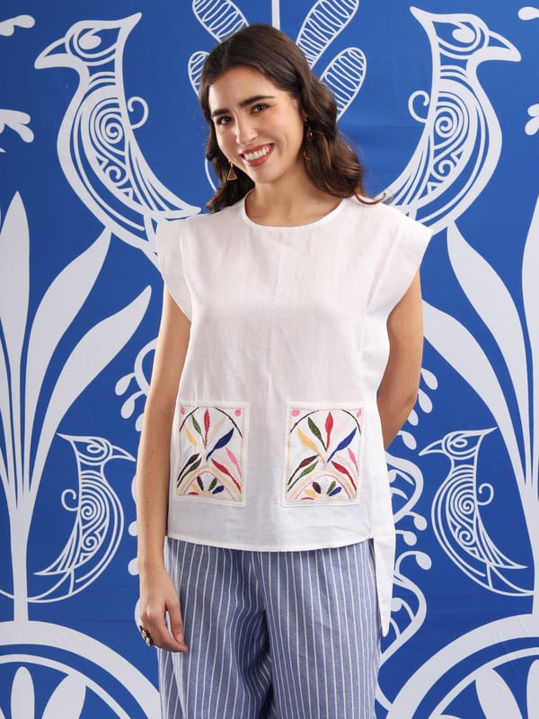 White Embroidered Pocket Top and Striped Pants Co-ord Set — ANISETTE