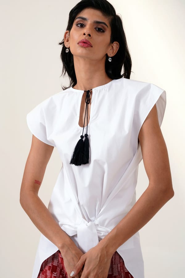 White Sleeveless Keyhole Tie-Up Top with Waist Bow — Madder Much