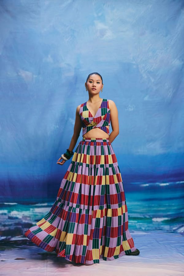 Multicolour Checked Tiered Georgette Maxi Skirt — Zip by Payal Zinal