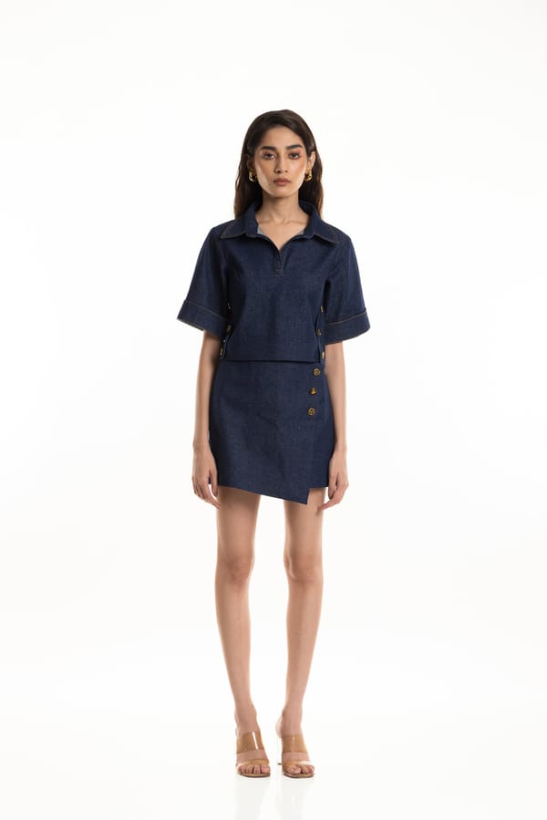 Denim Blue Cropped Boxy Collared Top with Side Buttons — Studio MuGu