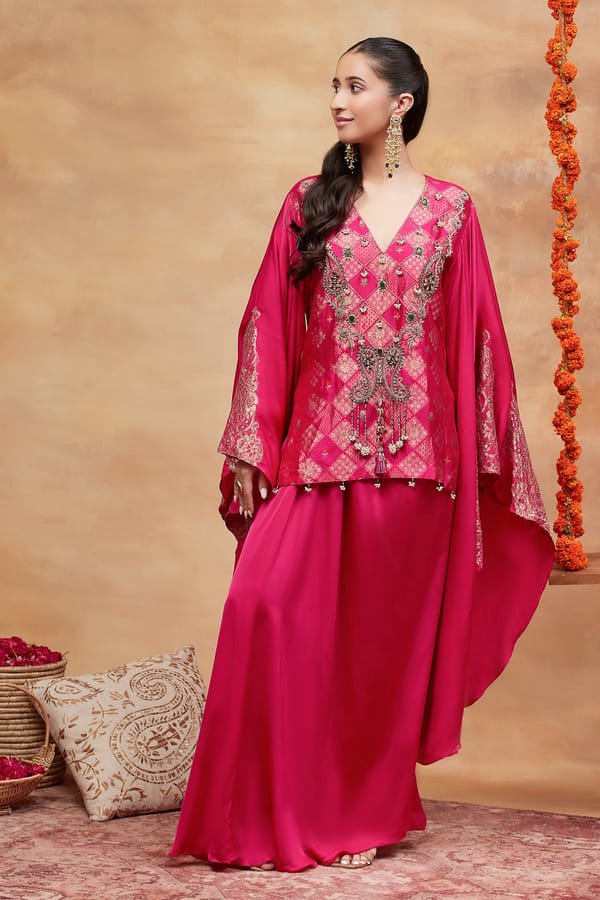 Rani Pink Embroidered Kaftan Kurta and Drape Skirt Set — DAREISS