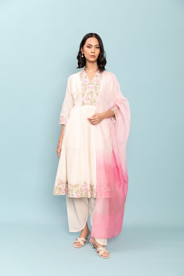 Ivory and Pink Embroidered Kurta Set with Ombre Dupatta — LABEL NAARITI