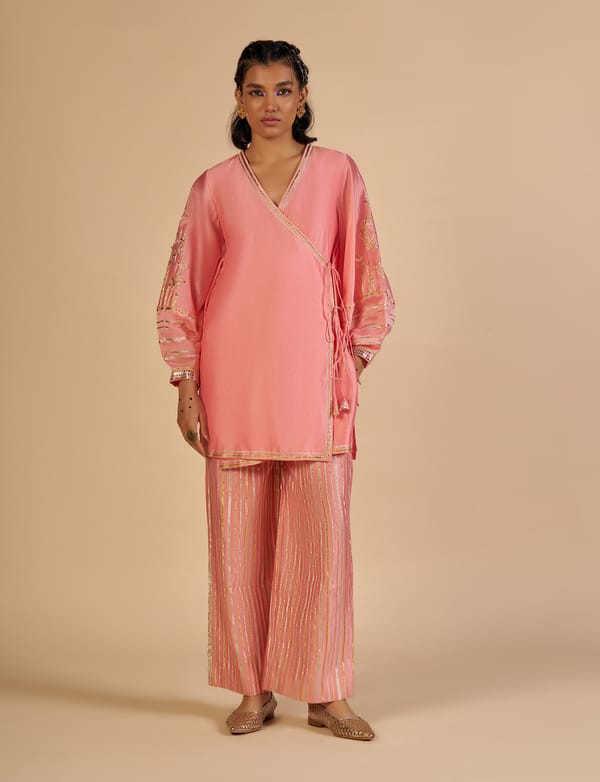 Pink Wide-Leg Lurex Stripe Festive Trousers — Gulabo by Abu Sandeep