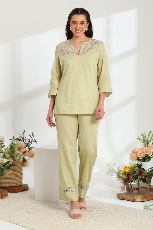 Sage Green Lace Yoke Tunic and Pants Co-ord Set — DAREISS