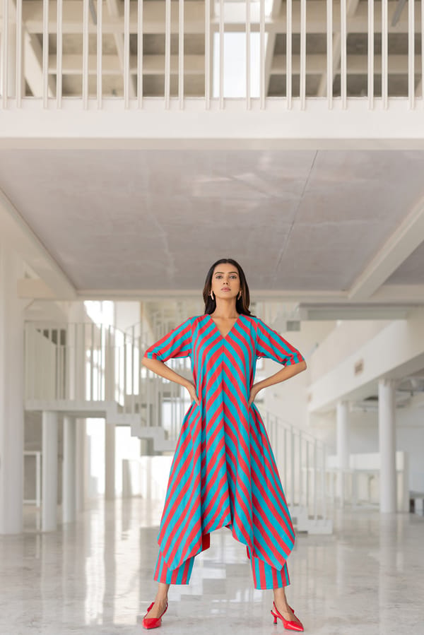 Turquoise and Red Striped Asymmetrical Hem Kurta Set — Silai studio