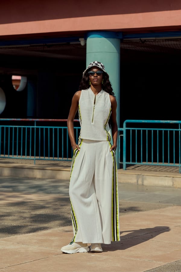 Off-White Cotton Mesh Zip Top and Wide-Leg Co-ord Set — Muvazo