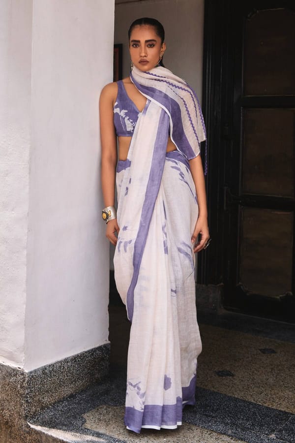 The Kalina Floral Handcrafted Linen Saree — YELL