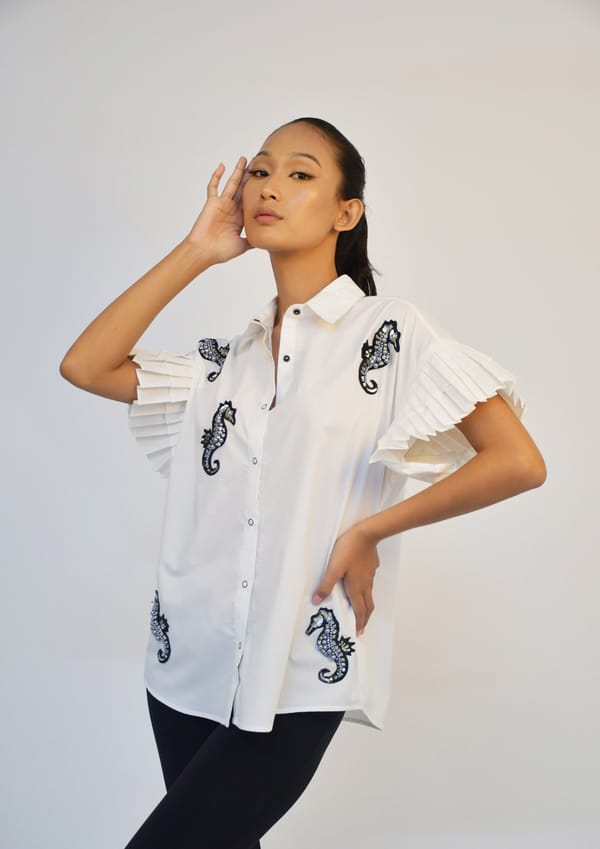 White Shirt with Pleated Sleeves and Seahorse Embroidered Motifs — Richa Goenka
