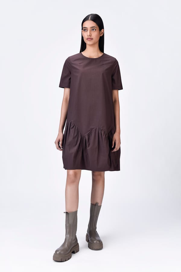 Brown Giza Cotton Poplin Relaxed-Fit Knee-Length Dress — Genes Lecoanet Hemant